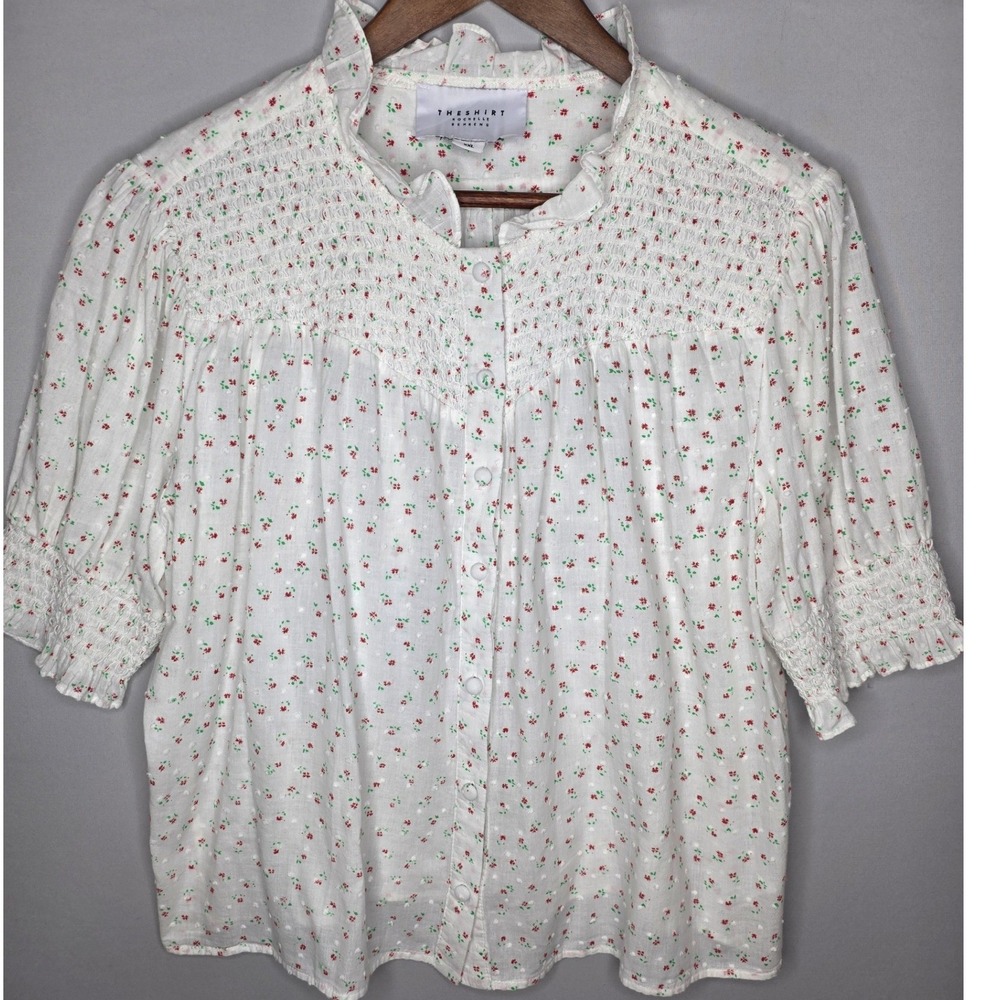 THESHIRT Rochelle‎ Behrens White floral sheer No gap button smocked sleeve XXL
